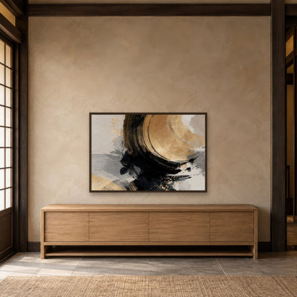 Gold and Black Ensō Abstract japandi wall art in an entryway