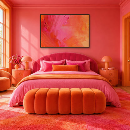 Coral Pink Brushstrokes dopamine wall art in a bedroom