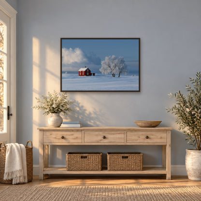 Red Cottage in Snowy Field scandinavian wall art in an entryway
