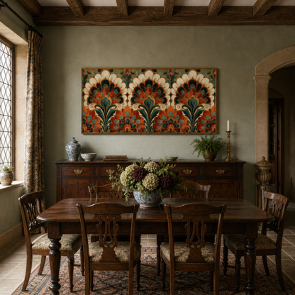 Rust and teal fan motif above a dark wood sideboard in a sage green dining room