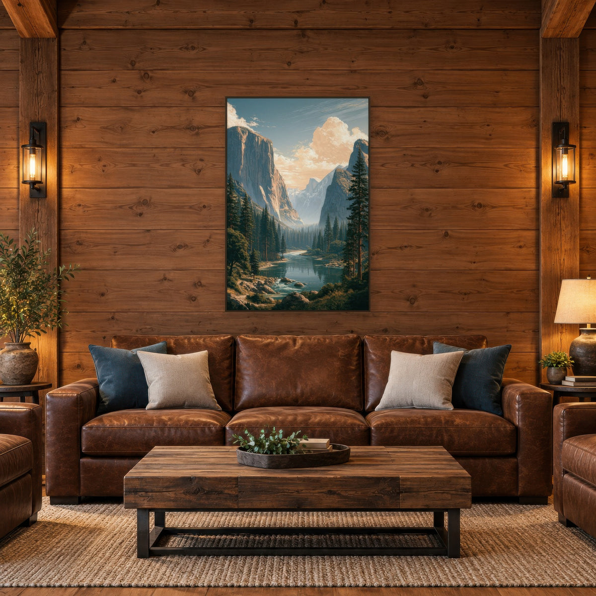 Yosemite Valley River national park wall art in a living room