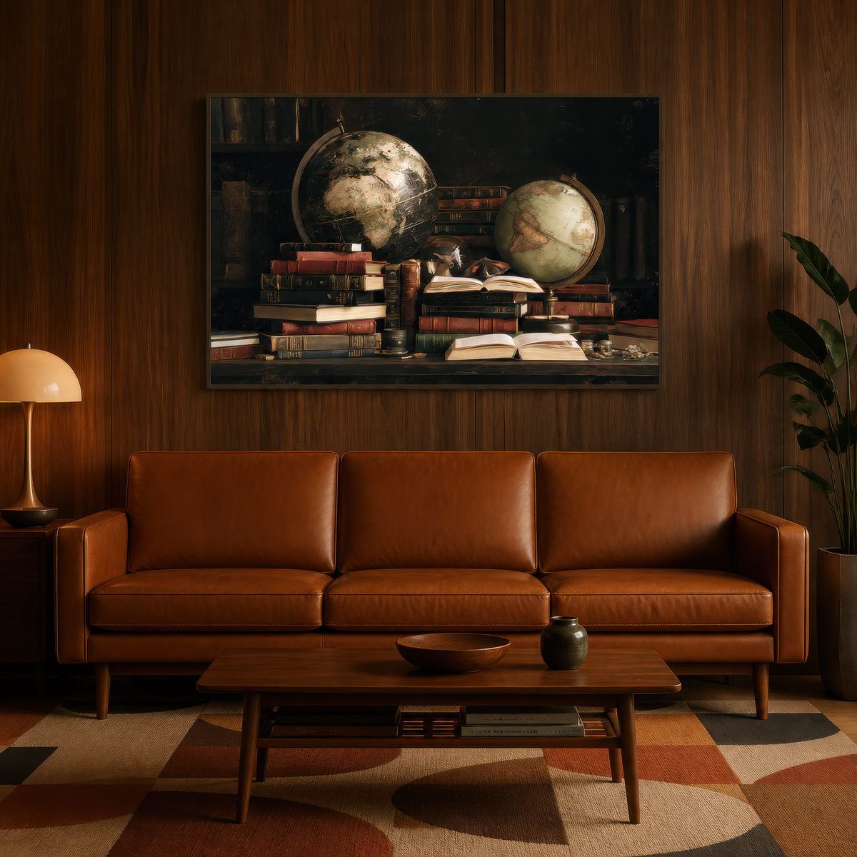 Gothic study above a cognac leather mid-century sofa on a dark wood panelled wall