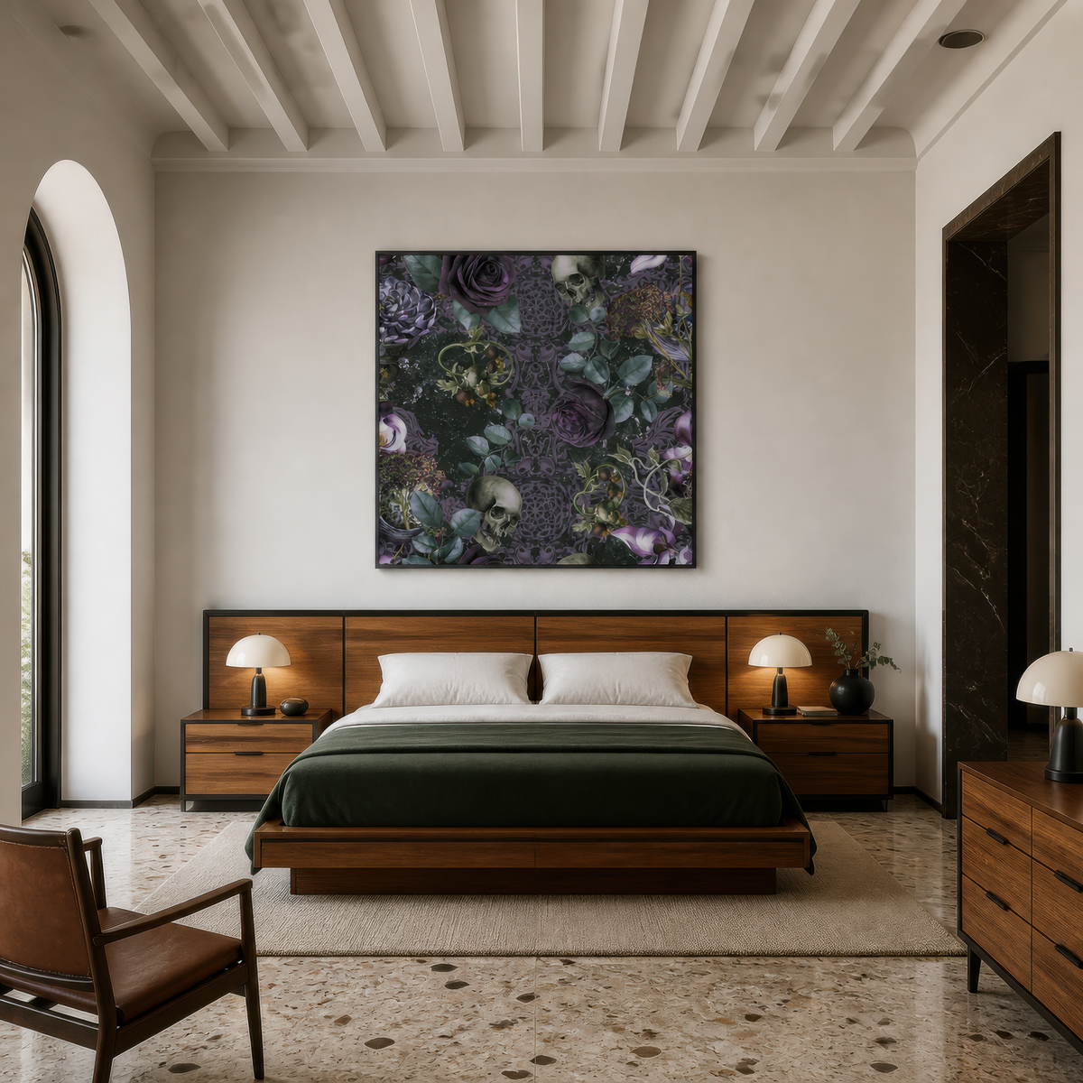 Gothic Skull and Rose Pattern wall art print, alternate room view