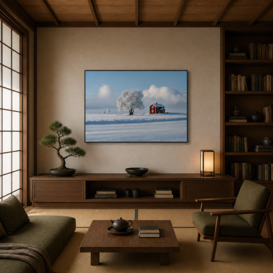 Red Farmhouse and Frosted Tree in Snow wall art print, alternate room view