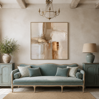 Square gold and copper abstract artwork above a pale blue camelback sofa under a chandelier