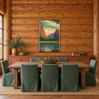 Yosemite Valley Retro Poster landscape wall art in a dining room