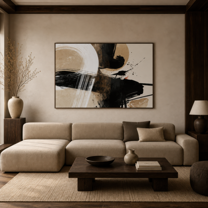 Sumi-e ink abstract above a cream sectional with a dark wood low coffee table