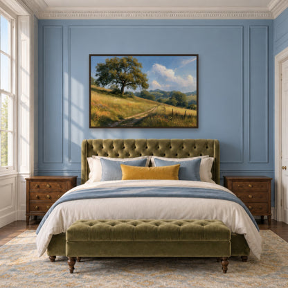 Golden Hillside Path impressionist wall art in a bedroom