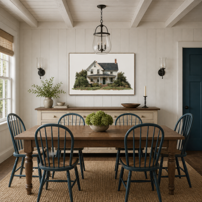 Farmhouse watercolor illustration above a wood dining table with blue Windsor chairs