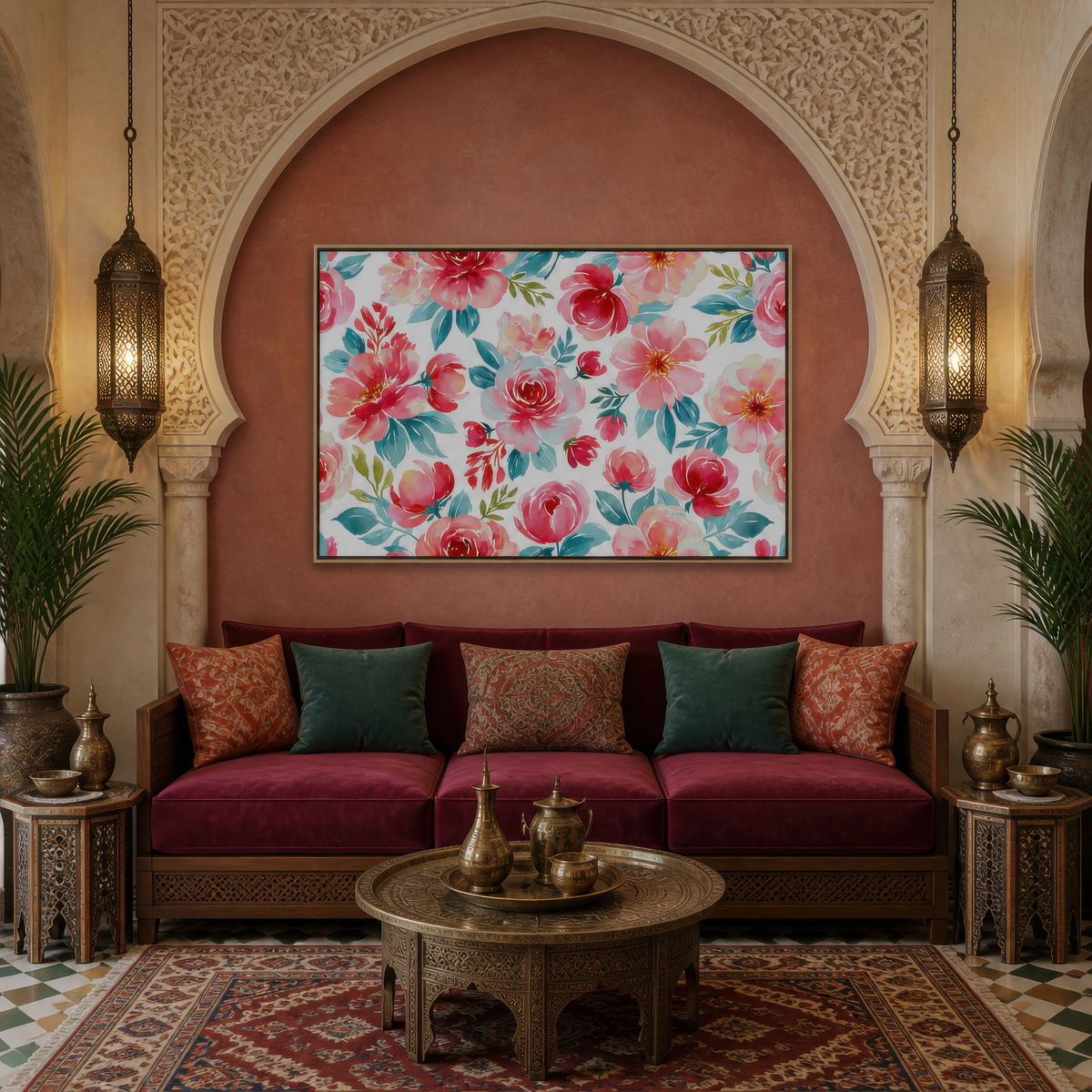 Pink and Teal Floral Pattern wall art print, alternate room view