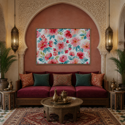 Pink and Teal Floral Pattern wall art print, alternate room view
