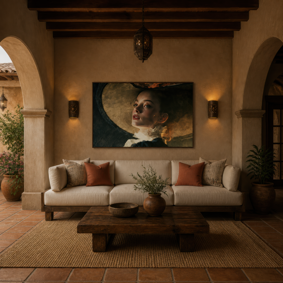 Portrait in a wide hat above a cream sofa with rust pillows on a plaster wall with arches