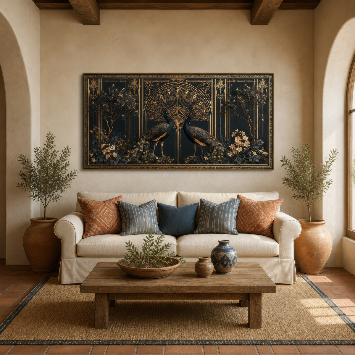 Golden peacock motif above a cream sofa with rust and blue pillows between potted olive trees