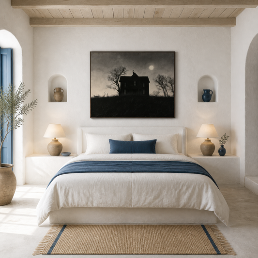 Moonlit farmhouse silhouette above a white bed with a navy runner and cream lamps