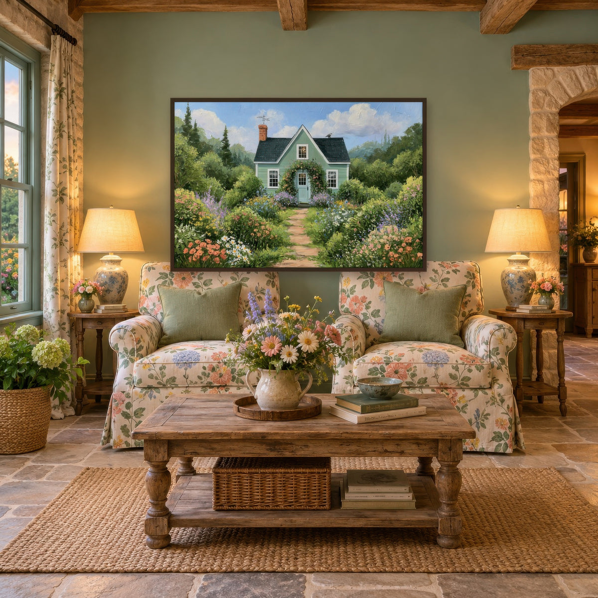 Sage Cottage Garden Path cottagecore wall art in a den