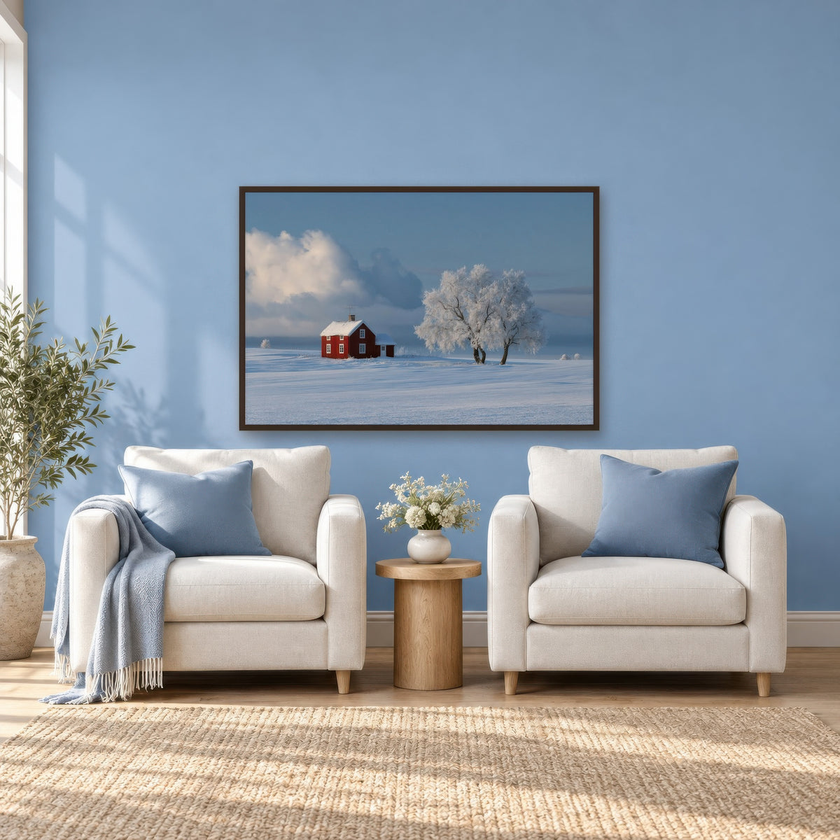 Red Cottage in Snowy Field scandinavian wall art in a den