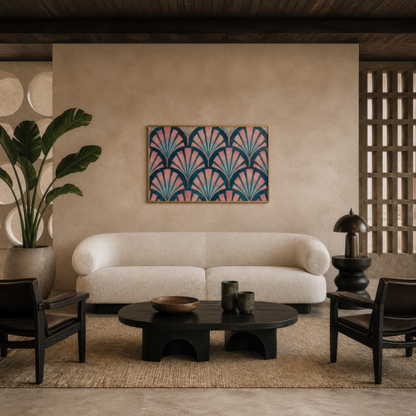 Rose deco fan pattern above a cream curved sofa with a black sculptural coffee table