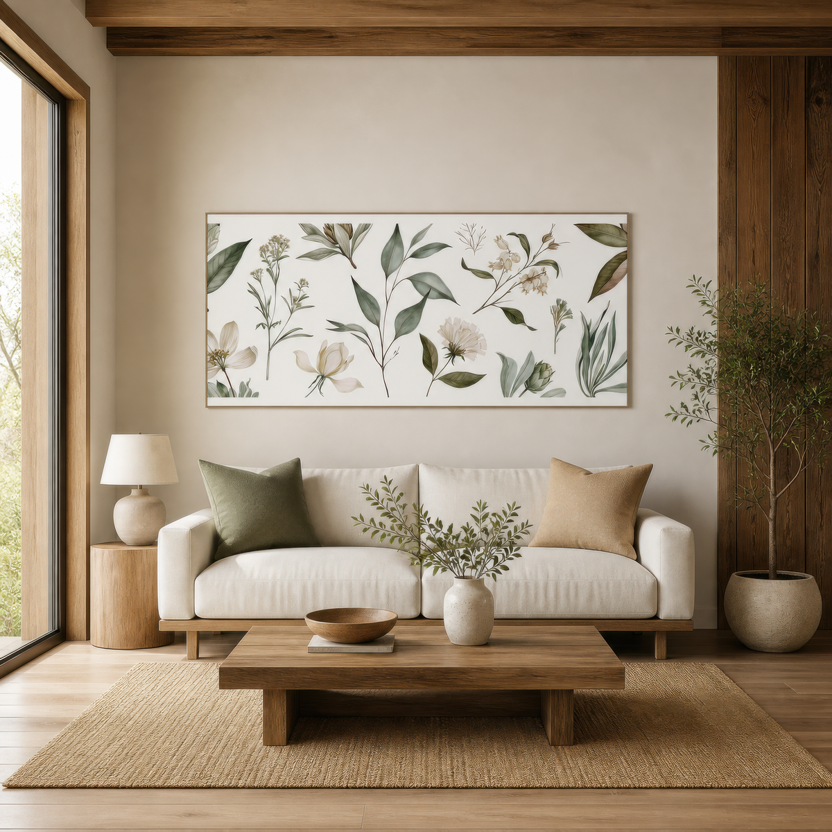 Cream Blossoms and Green Leaf Sprigs wall art print staged in a room