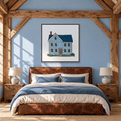 Blue Farmhouse Illustration farmhouse wall art in a bedroom