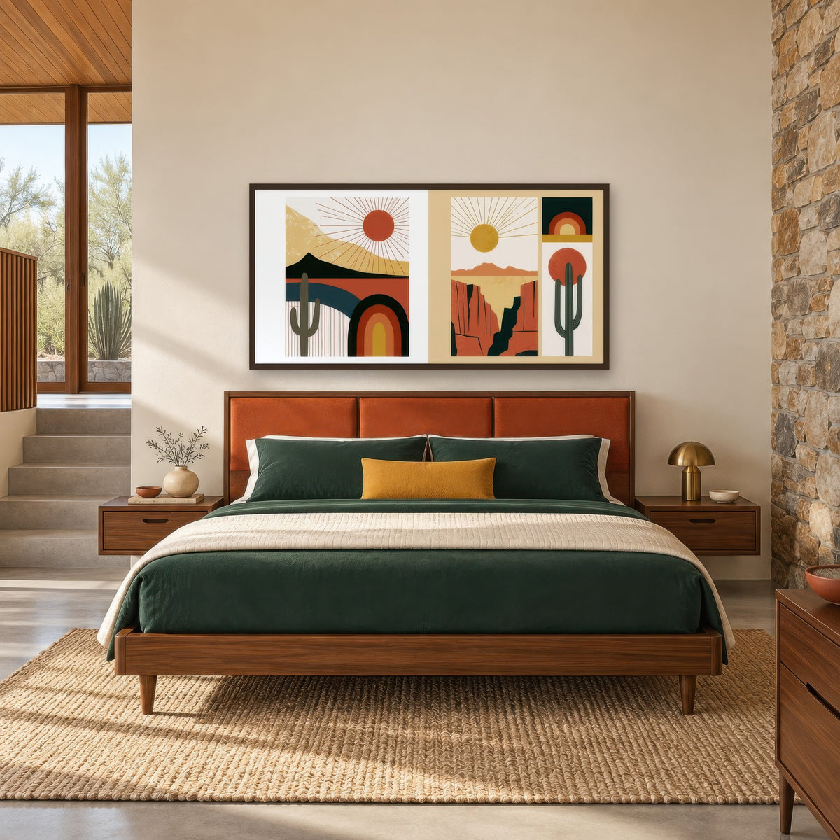 Desert Sunrise Diptych mid-century modern wall art in a bedroom