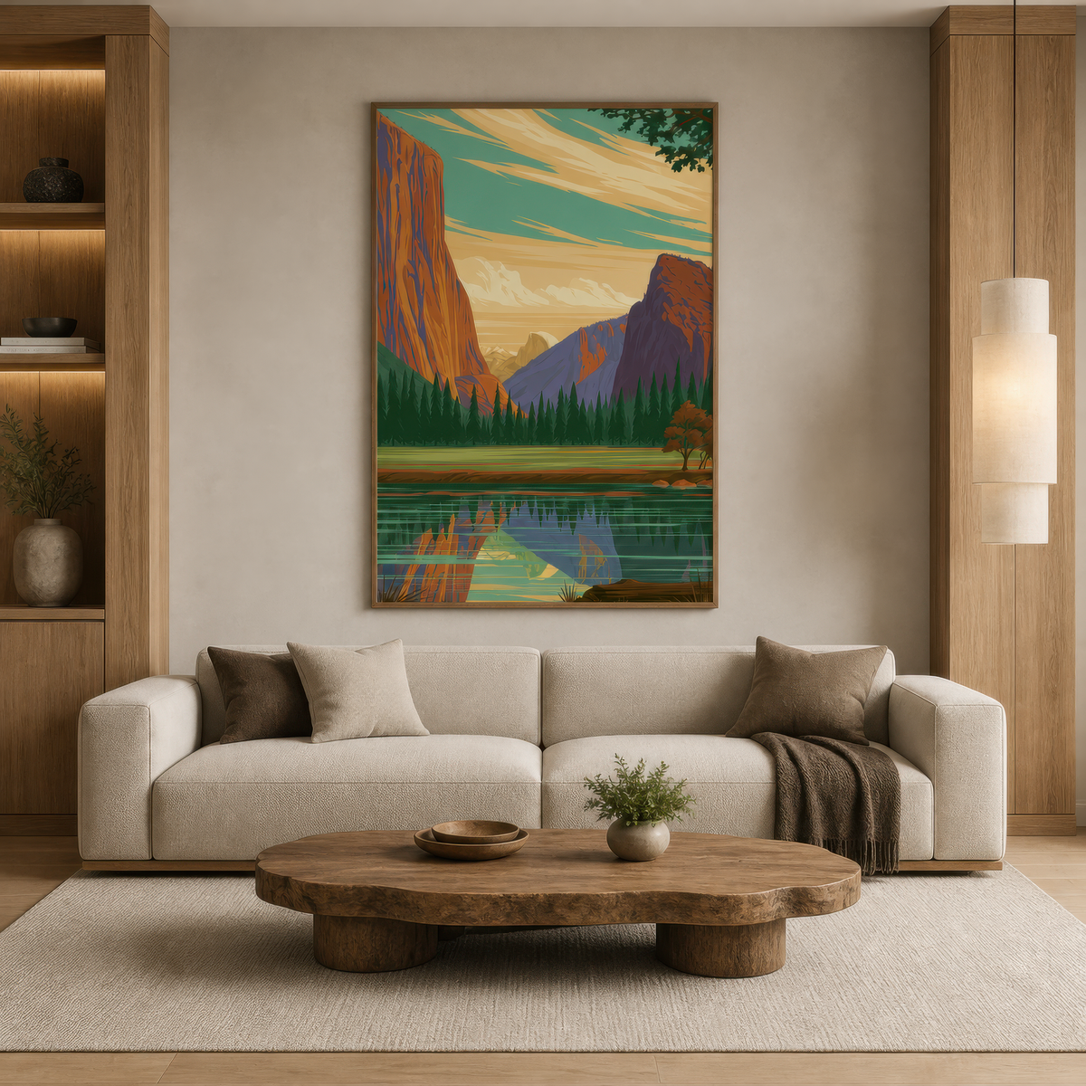 Yosemite valley retro poster above a cream sofa with a pale wood oval coffee table