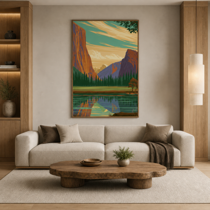 Yosemite valley retro poster above a cream sofa with a pale wood oval coffee table