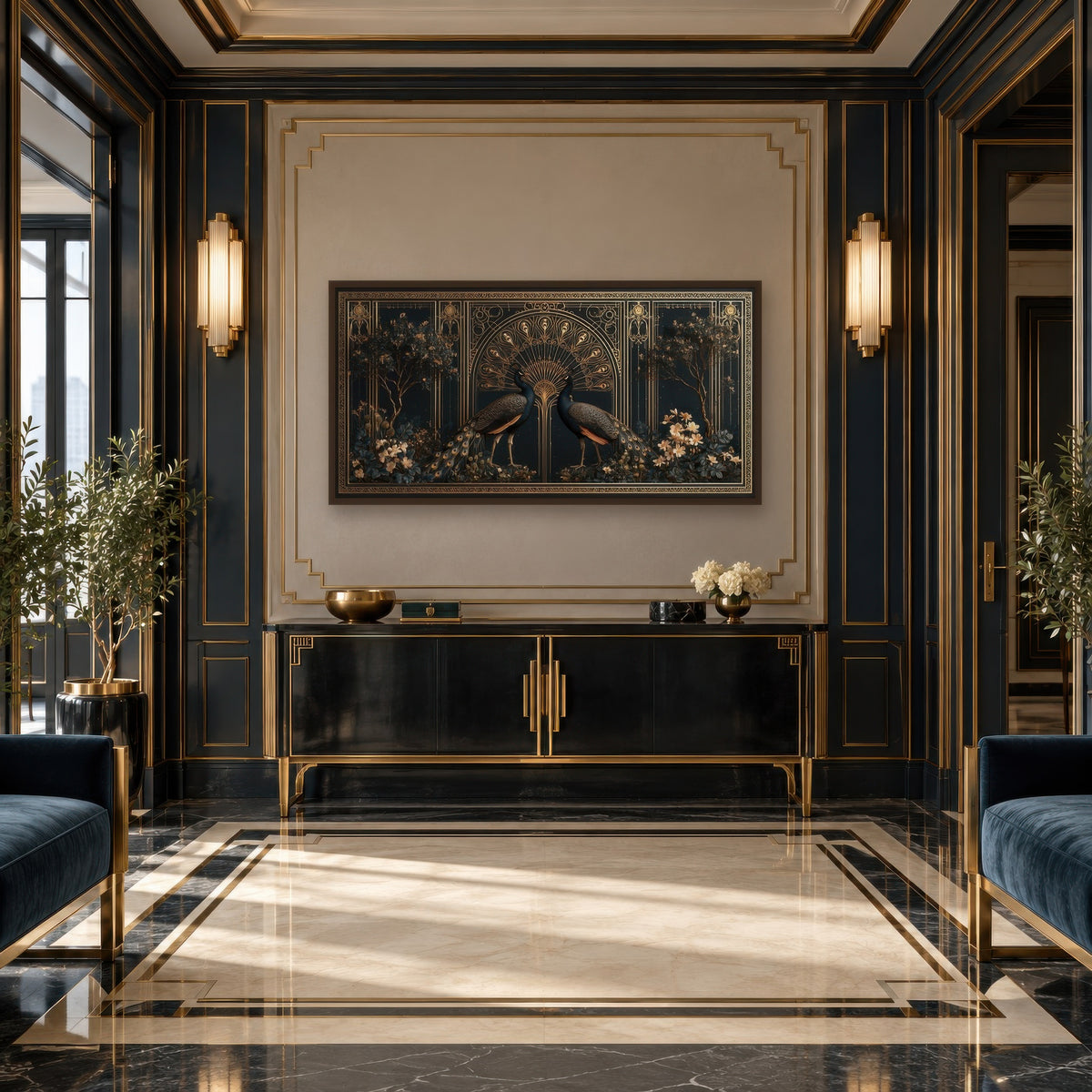 Golden Peacock Motif art deco wall art in an entryway