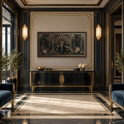 Golden Peacock Motif art deco wall art in an entryway