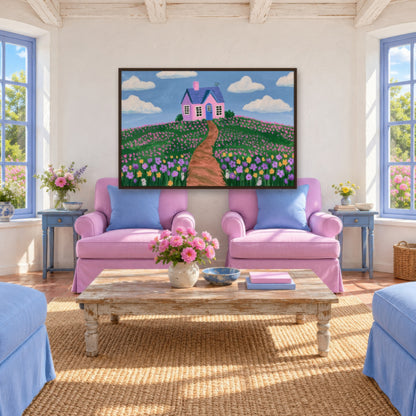 Pink Hilltop Cottage cottagecore wall art in a den