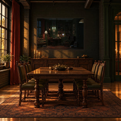 Lamplit Green Library dark academia wall art in a dining room
