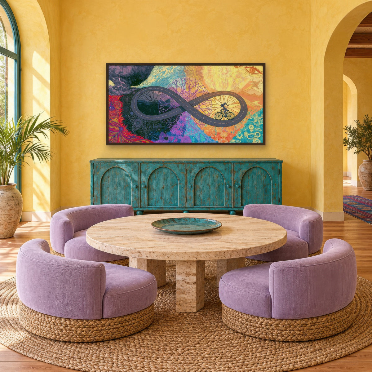 Solo Ride to Gold psychedelic wall art in a dining room