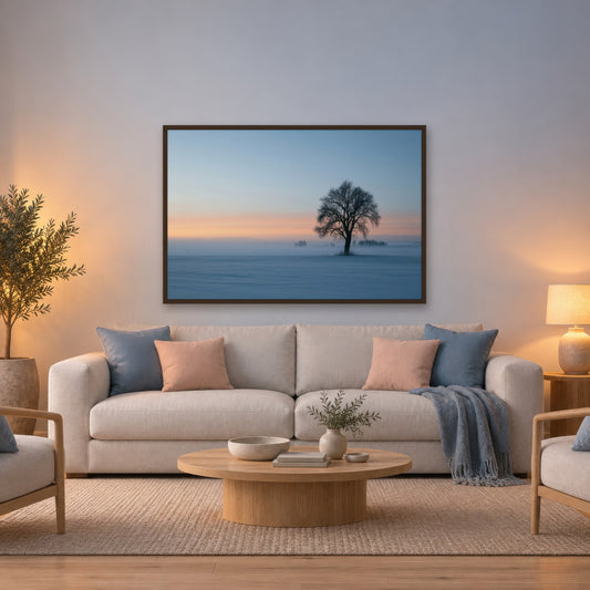 Solitary Tree at Dusk scandinavian wall art in a living room