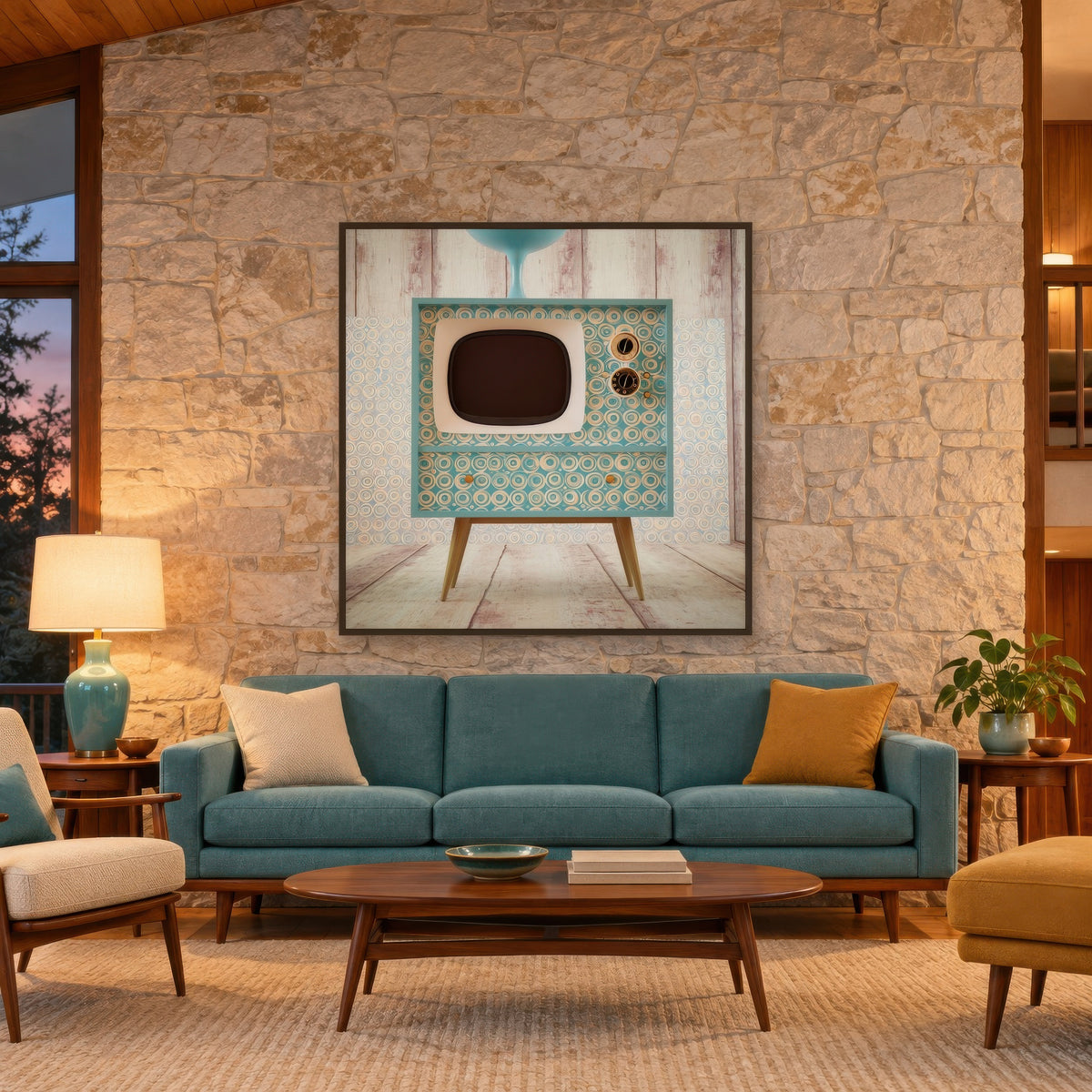 Retro TV Console on Whitewashed Wood mid-century modern wall art in a living room