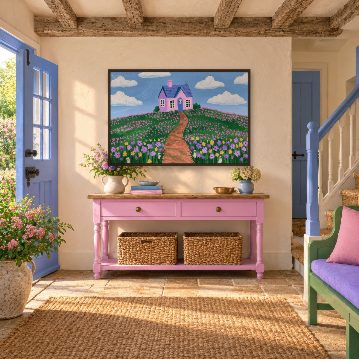 Pink Hilltop Cottage cottagecore wall art in an entryway