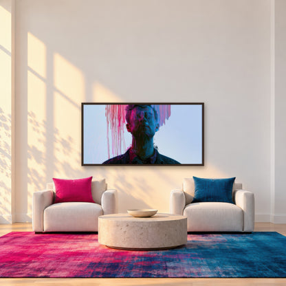 Color Drip Portrait in Pink and Blue abstract portrait wall art in a den