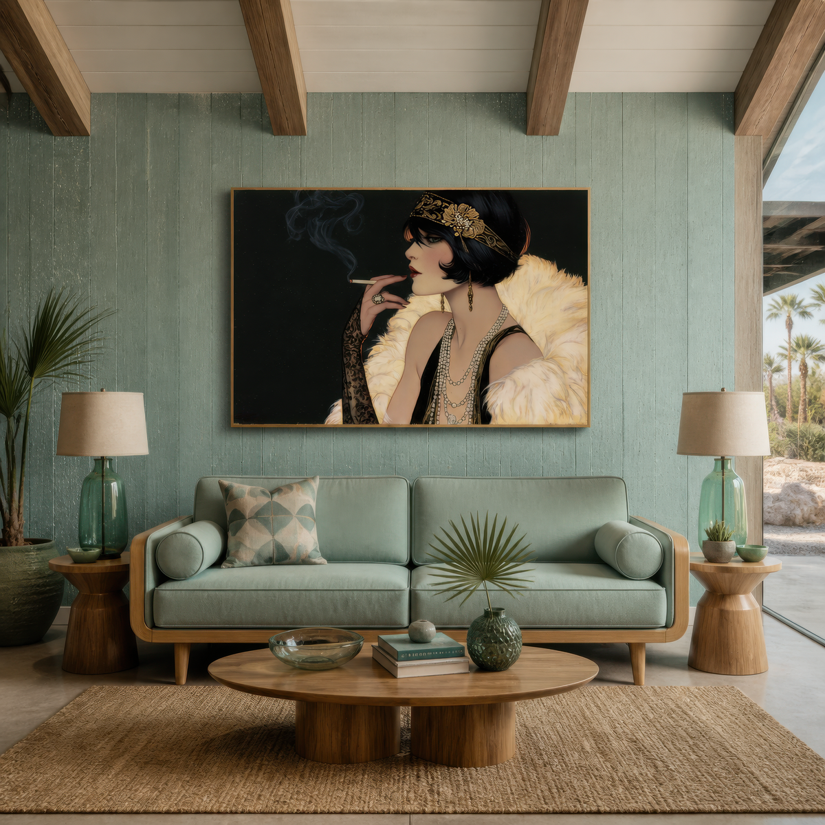 Jeweled flapper portrait above a sage green sofa on a pale sage plank wall with wood beams