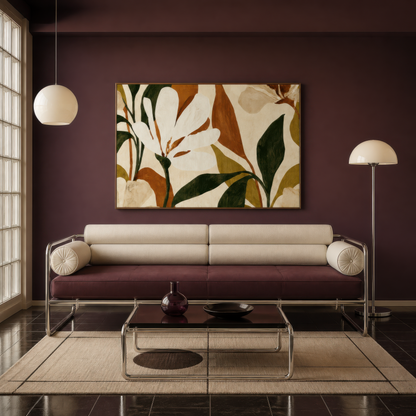 White magnolia artwork above a burgundy sofa on a deep plum wall with a glass coffee table