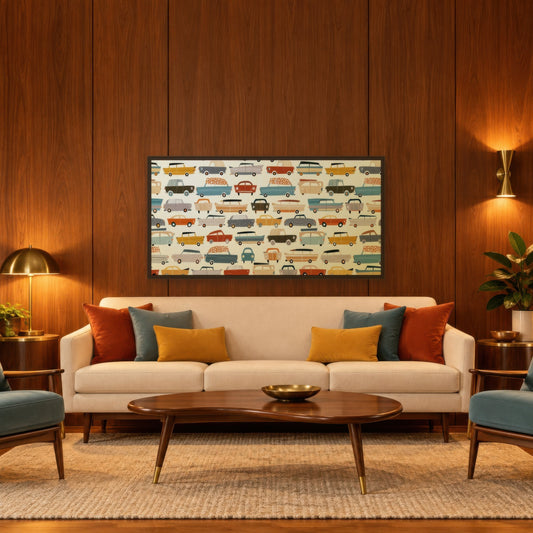 Vintage Car Grid Pattern mid-century modern wall art in a living room