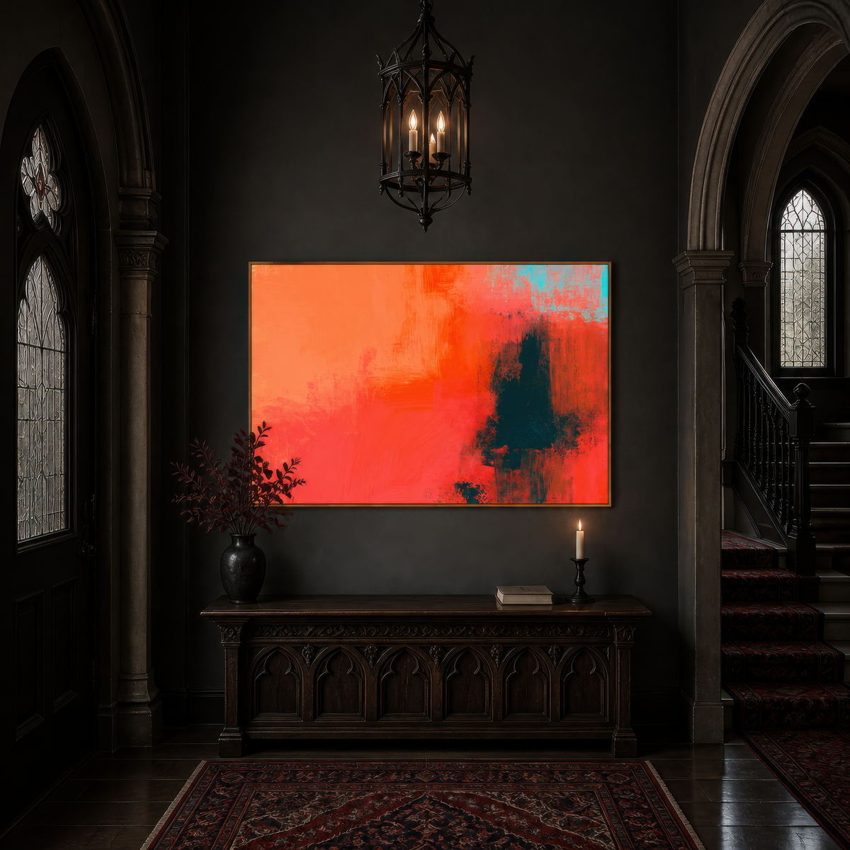 Large warm coral abstract artwork above a carved dark console in a dim entryway
