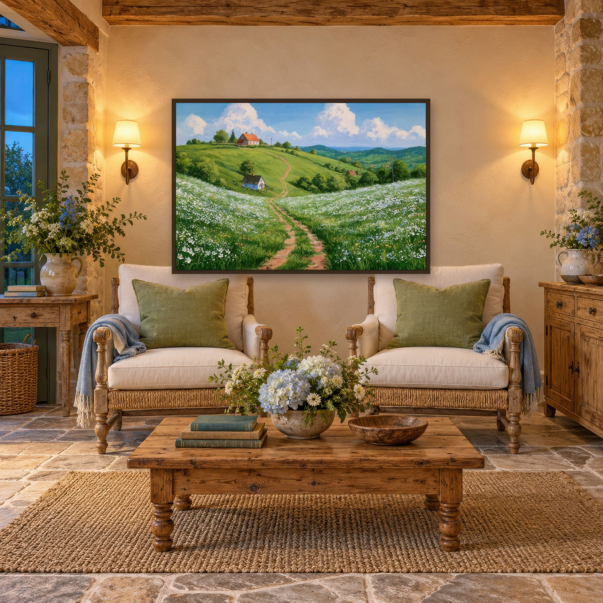 Hillside Meadow cottagecore wall art in a den