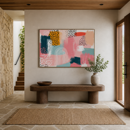 Memphis pink and navy collage artwork above a wood bench in a stone-walled entryway with a jute rug