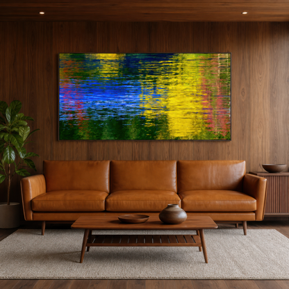 Autumn water reflection above a tan leather sofa on a dark wood plank wall with a low table