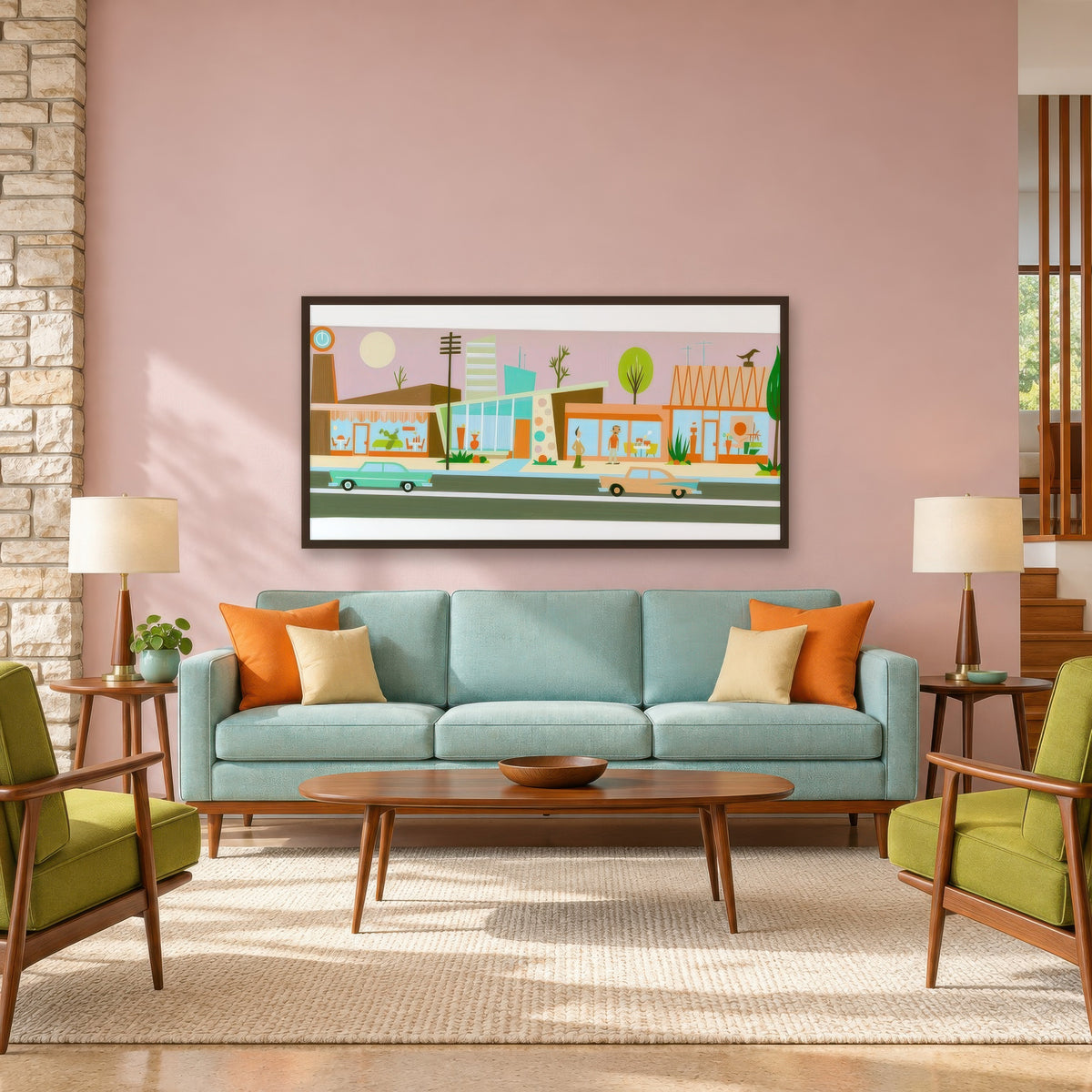 Retro Strip Mall Under a Pink Sky mid-century modern wall art in a living room