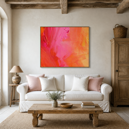 Coral pink brushstrokes above a white sofa with blush pillows and a pine cabinet