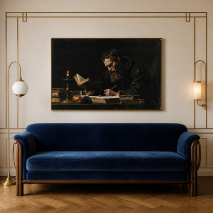 Marginalia above a navy blue velvet sofa on a cream wall with brass inlay and globe lights
