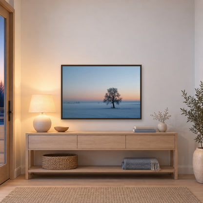 Lone Tree in Snowy Field scandinavian wall art in an entryway