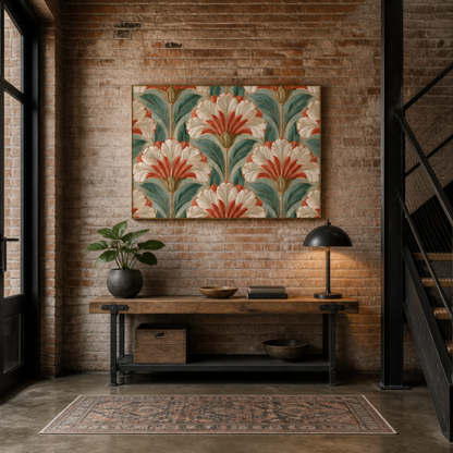 Deco lily pattern above a black console table in an entryway with a brick wall
