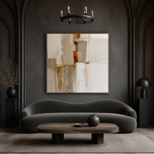Square russet and cream abstract artwork above a charcoal curved sofa on a dark wall with an iron chandelier