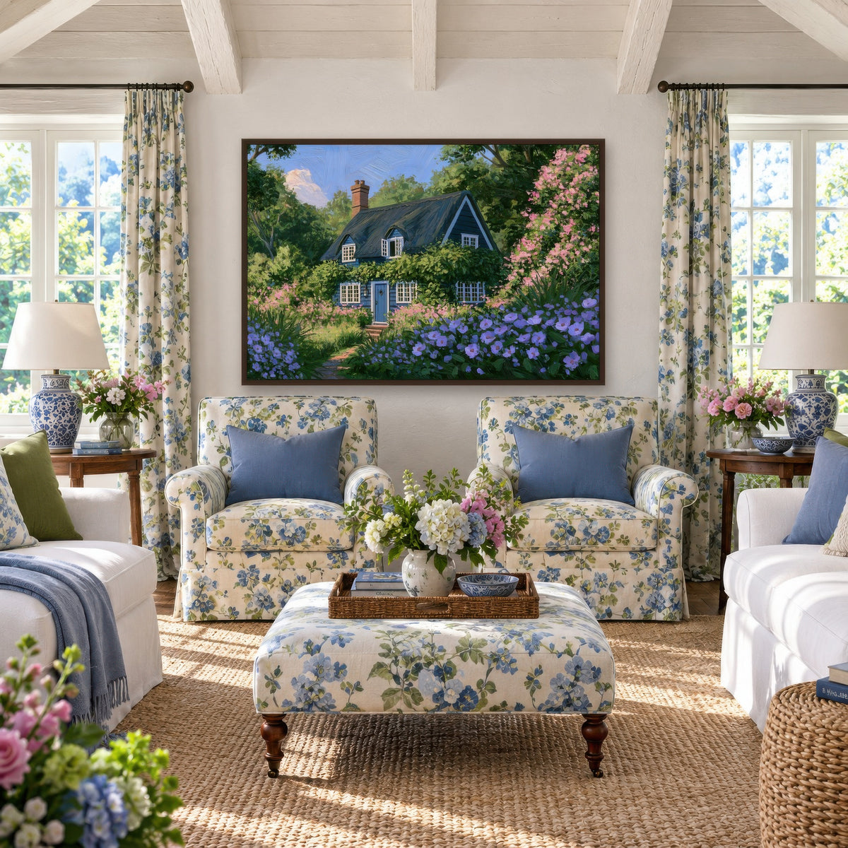 Blue Blossom Cottage cottagecore wall art in a den