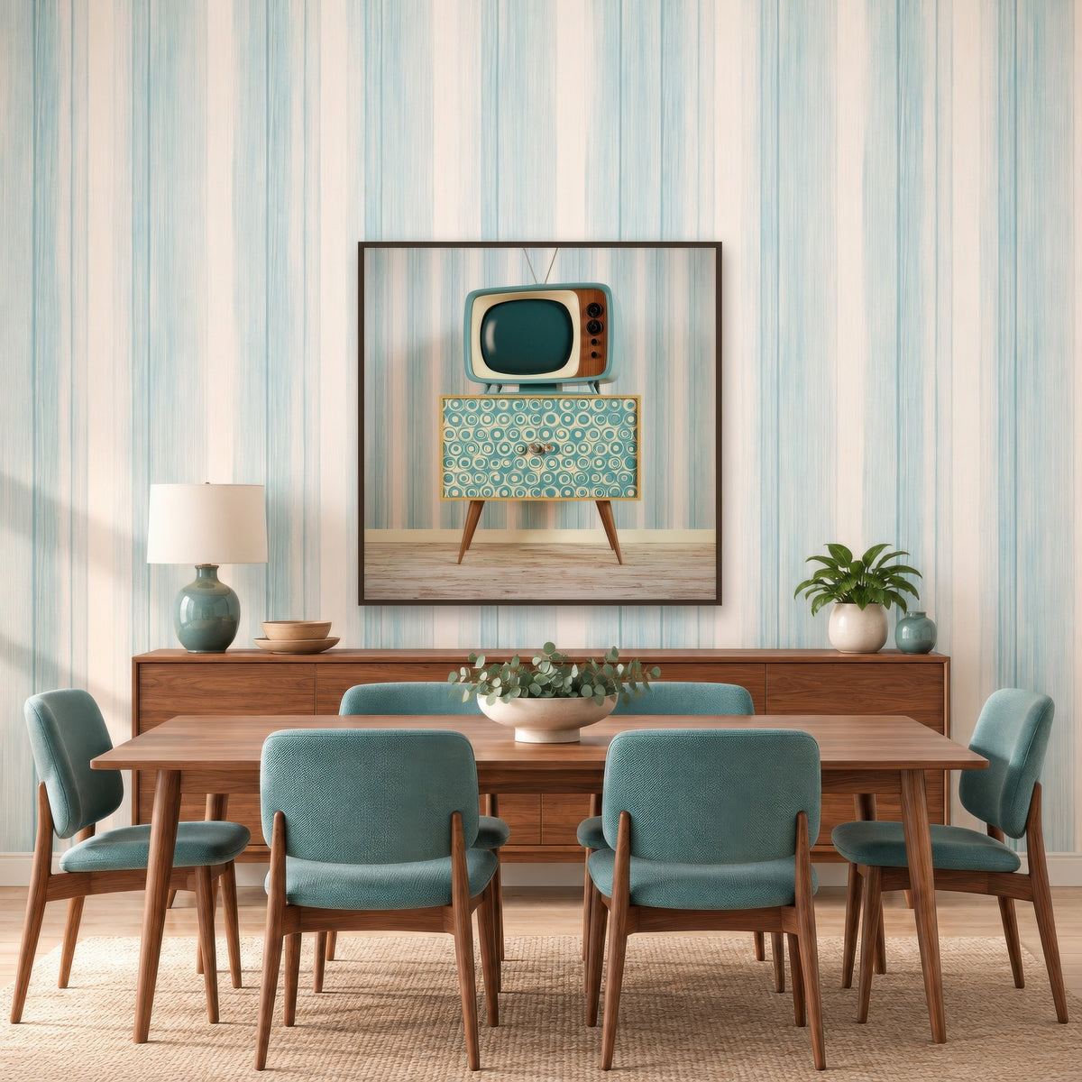Teal Retro TV on a Patterned Cabinet mid-century modern wall art in a dining room